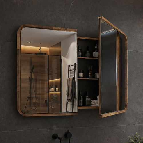 A modern bathroom vanity featuring a large rectangular wall mirror with a wooden frame, an open side cabinet with a matching wooden frame, a dark stone vessel sink on a wood vanity, and warm ambient lighting.