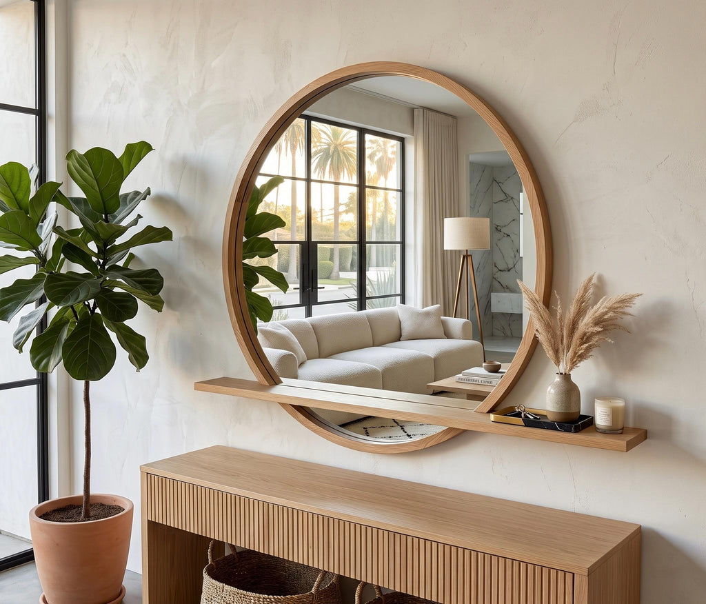 Modern Round Wood Wall Mirror with Shelf | Decorative Circle Entryway Mirror with Floating Ledge