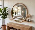 Modern Round Wood Wall Mirror with Shelf | Decorative Circle Entryway Mirror with Floating Ledge