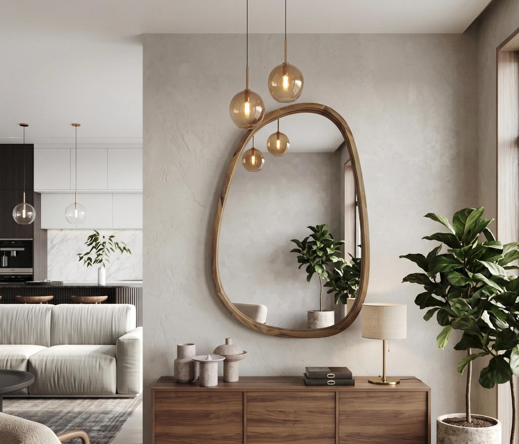 Large pebble-shaped wooden mirror in a living room with pendant lights
