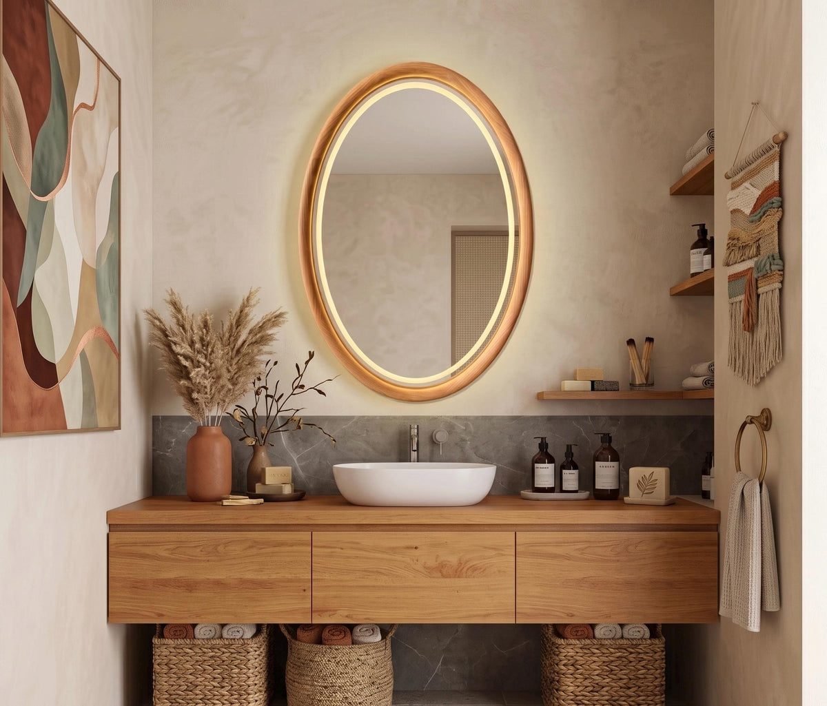 Oval LED wood mirror above a wooden bathroom vanity