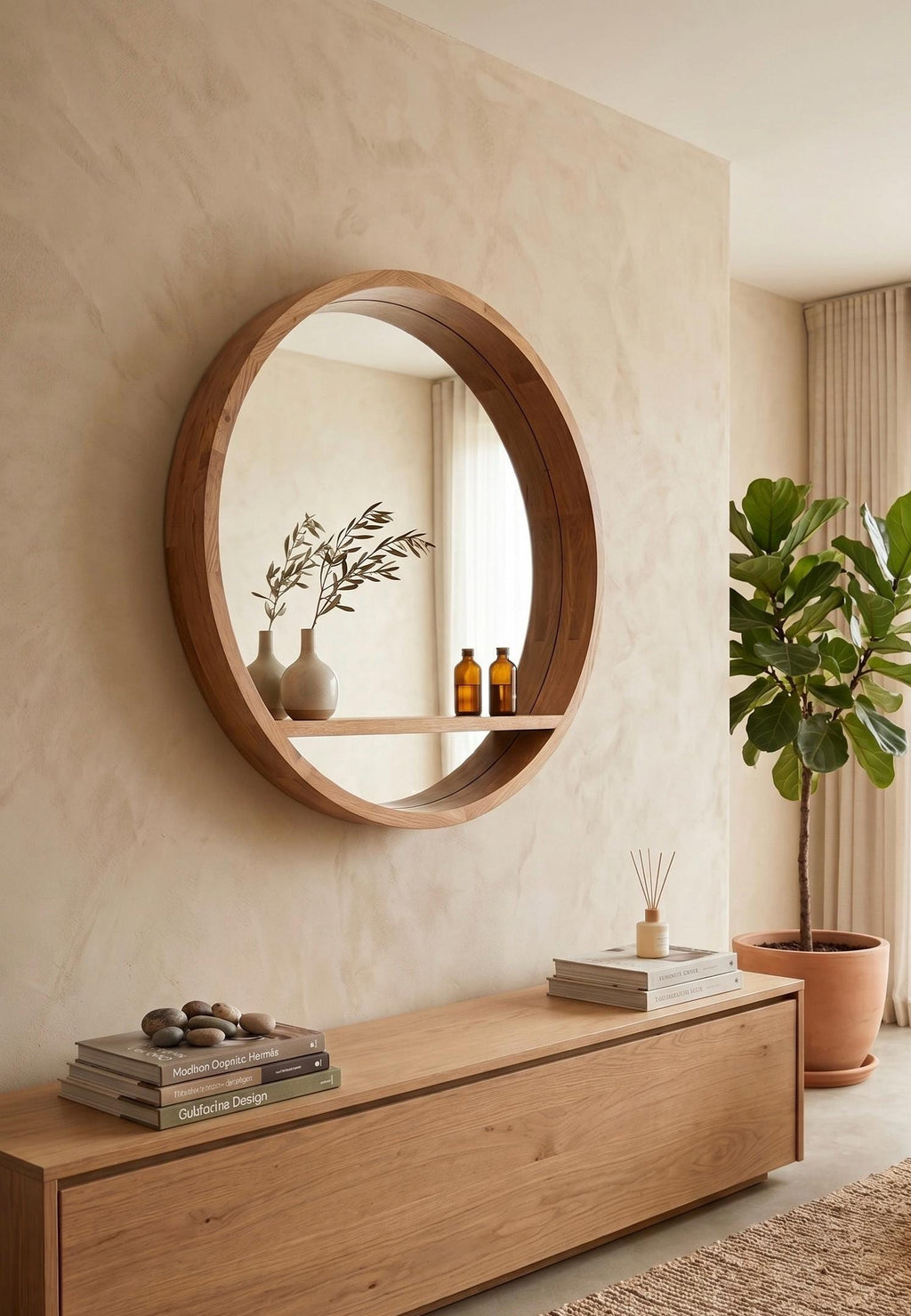 Round mirror with shelf above a console table in an entryway