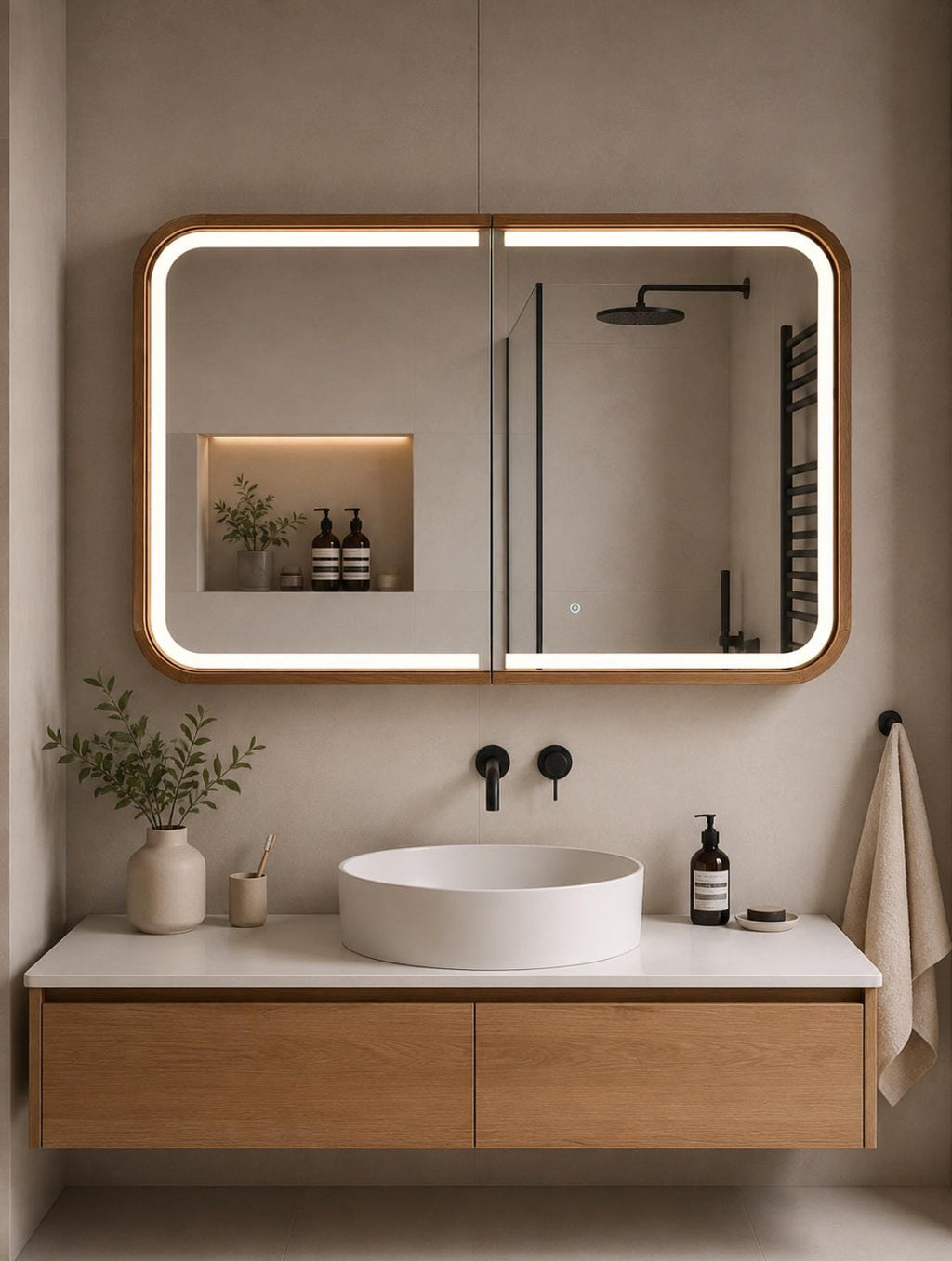 Lighted wood mirror cabinet closed above a bathroom vanity