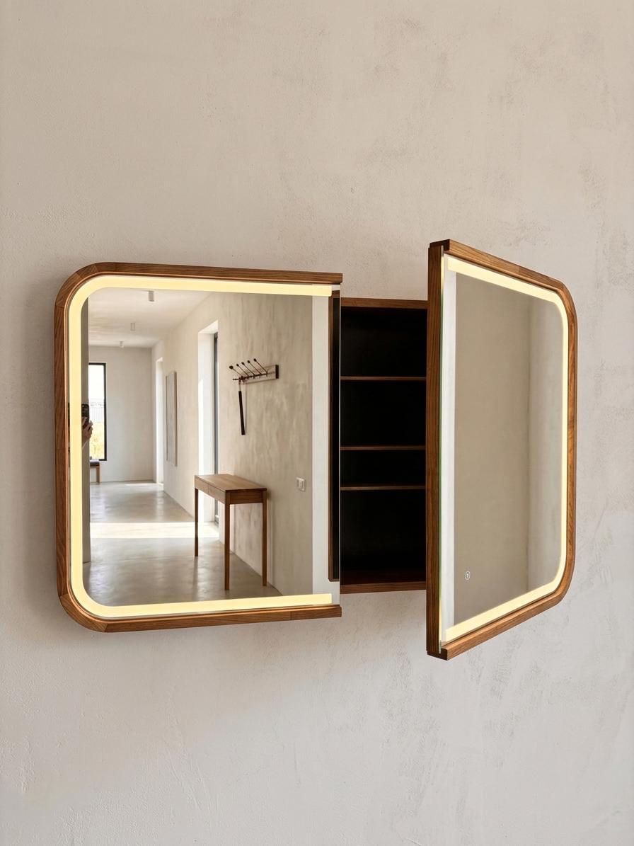 Angled view of the LED mirror cabinet with the doors open