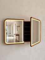 Angled view of the LED mirror cabinet with the doors open