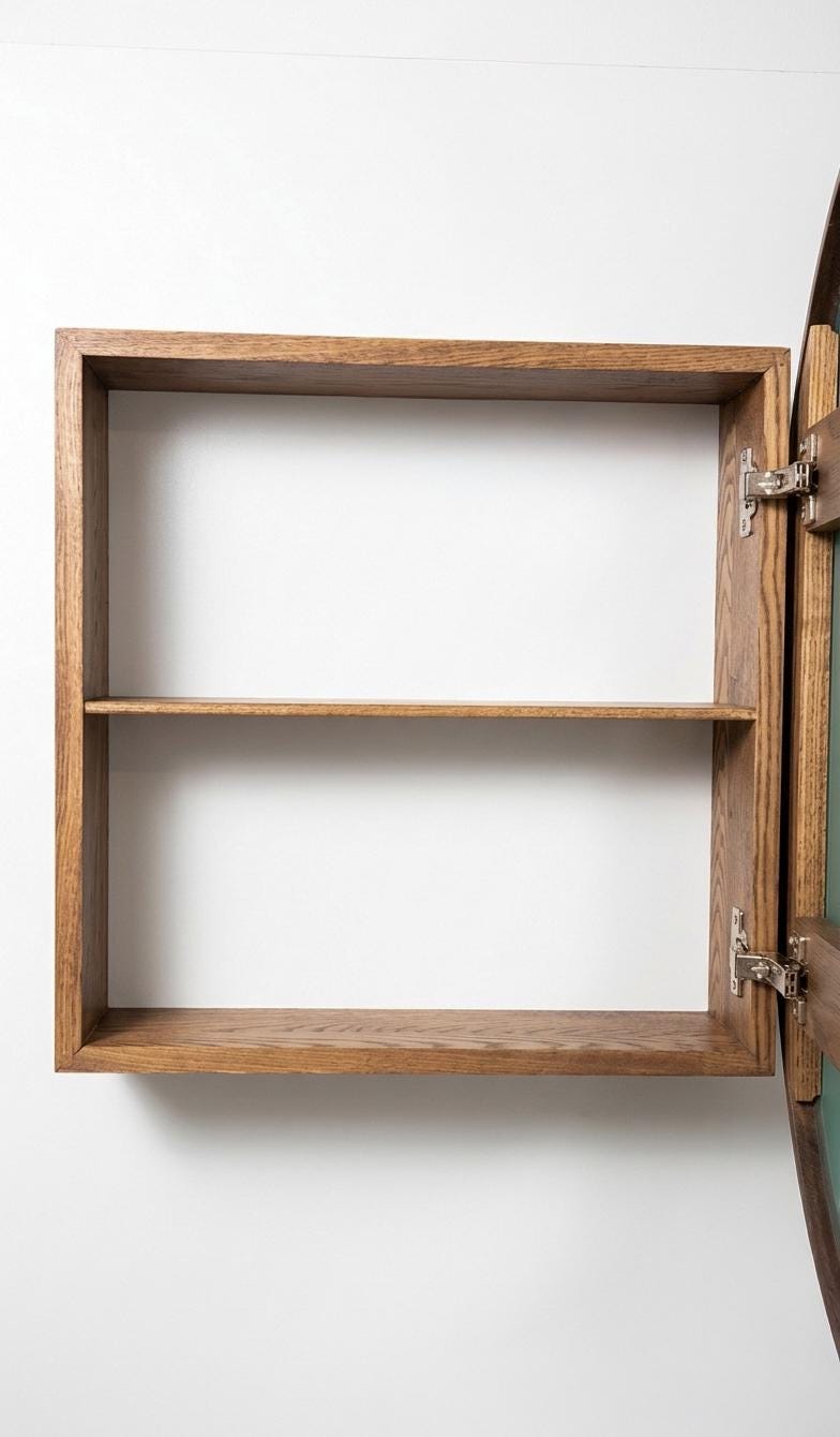 Interior of the wood mirror cabinet with a solid wood shelf