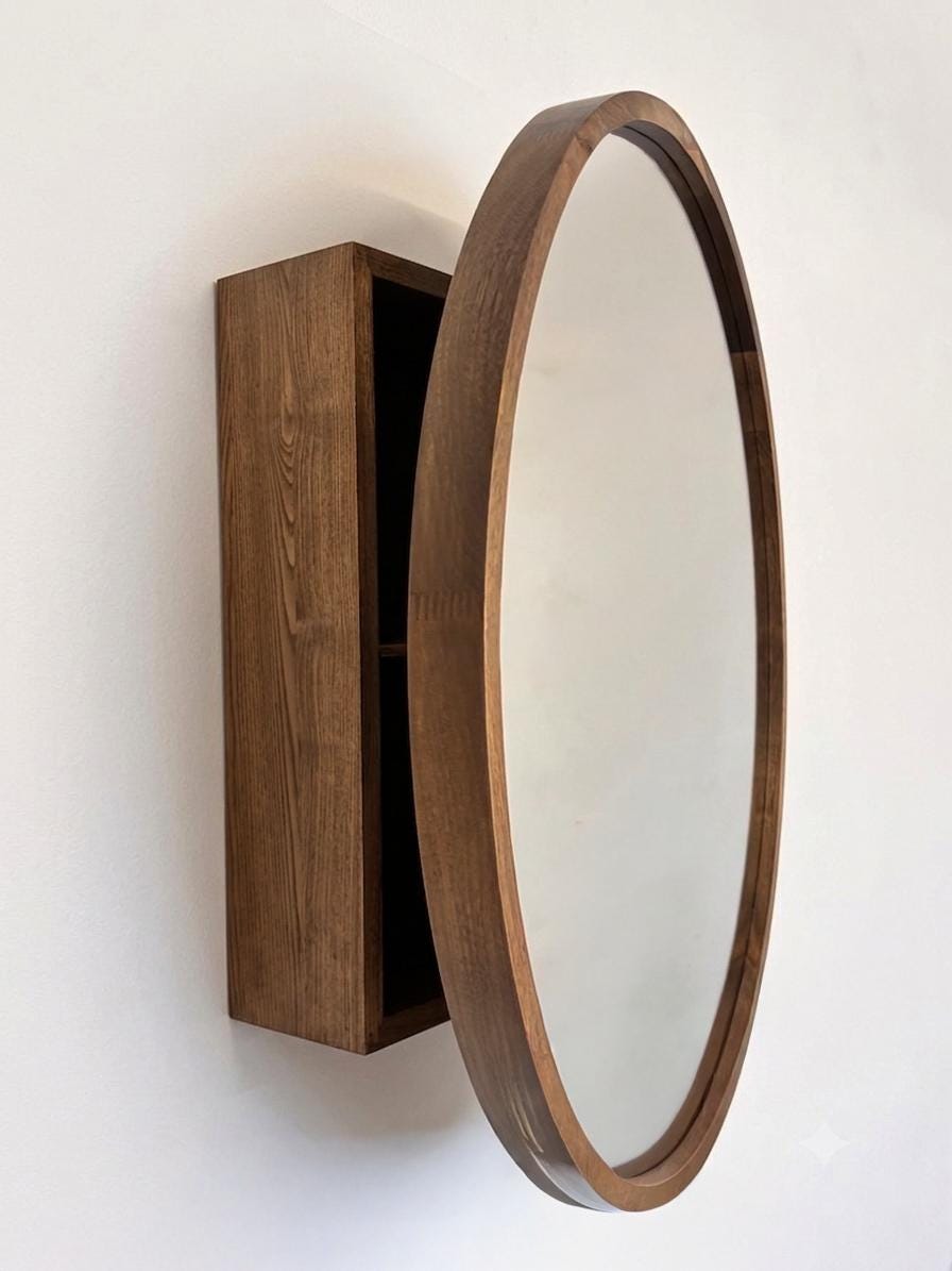 Side profile of the round mirror cabinet and its wall-mounted wood body