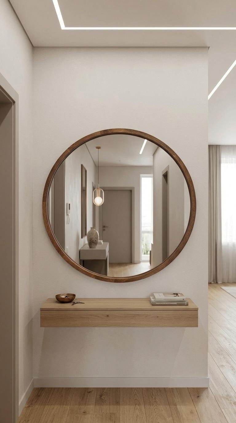 Round mirror cabinet in solid wood above a floating console in a hallway