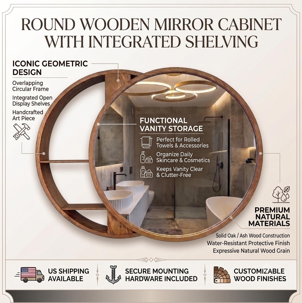 Overview of the round wooden mirror with integrated shelving