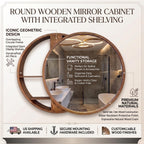Overview of the round wooden mirror with integrated shelving