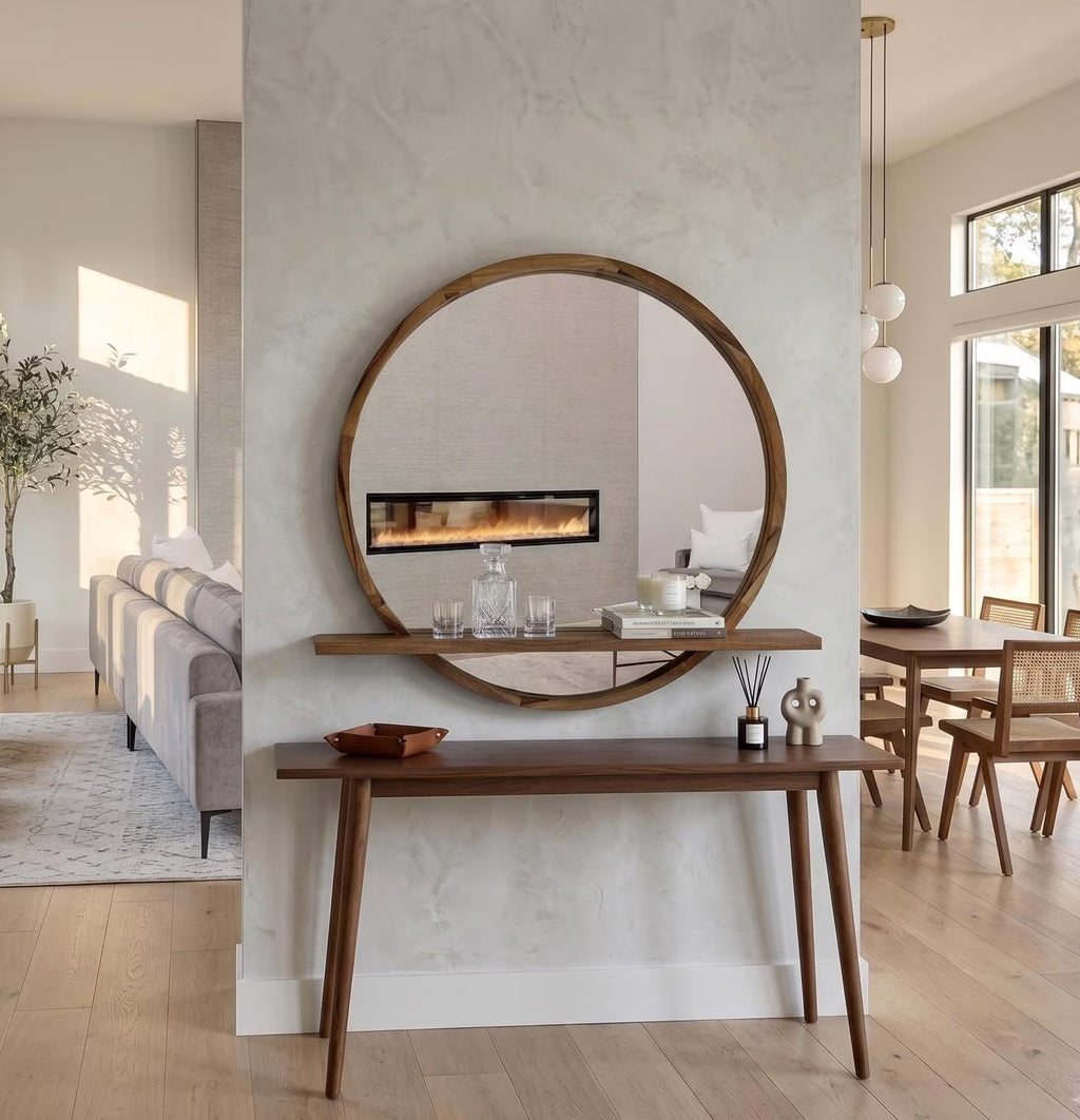 Handmade Wood Mirror with Shelf | Rustic Farmhouse Bathroom Vanity Decor | Round Frame, Custom Size