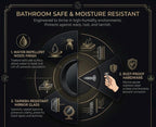 Bathroom-safe details: water-repellent finish, rust-proof hardware, tarnish-resistant glass
