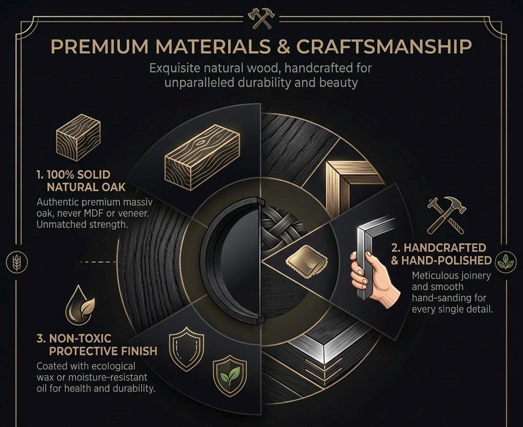 Materials guide: solid natural wood, hand-polished, non-toxic protective finish