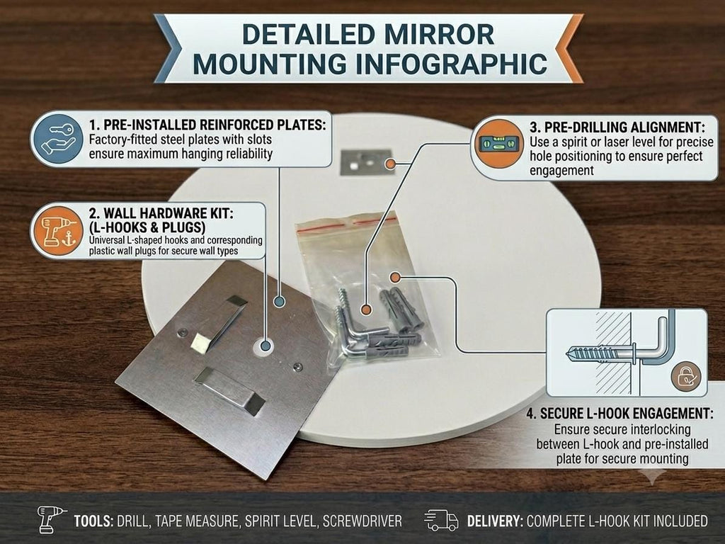 Mounting guide: factory-fitted steel plates, L-hooks and wall plugs included