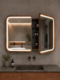 LED wood medicine cabinet with both mirrored doors open above a vanity