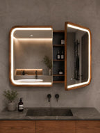 LED wood medicine cabinet with both mirrored doors open above a vanity