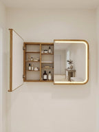 Wall-mounted LED cabinet showing the lit mirrored doors and interior