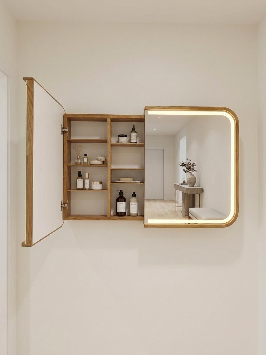 Wall-mounted LED cabinet showing the lit mirrored doors and interior