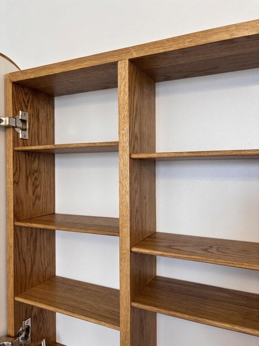 Close-up of the solid wood shelves inside the cabinet