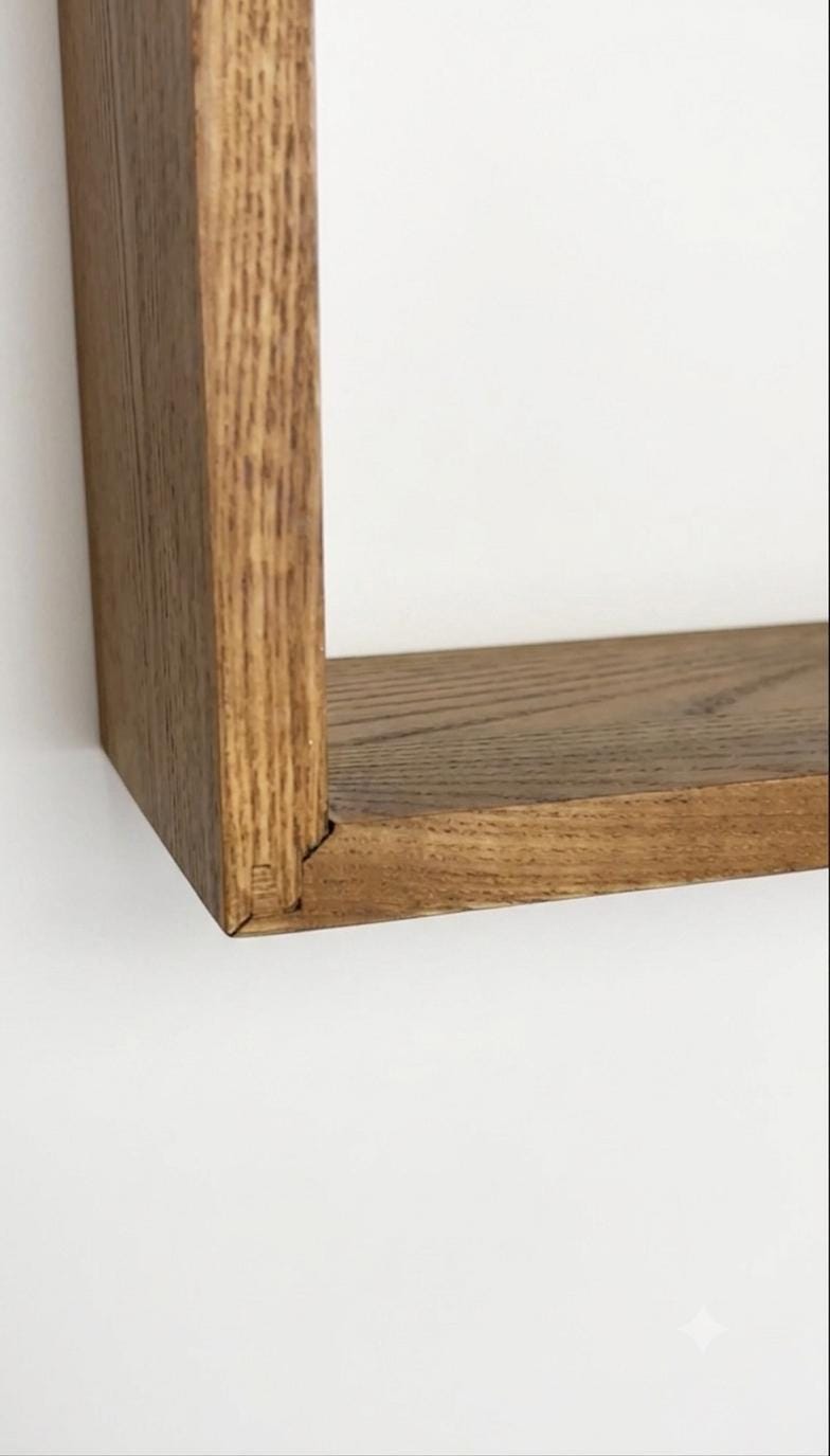 Close-up of the solid wood cabinet body and mitred corner joint