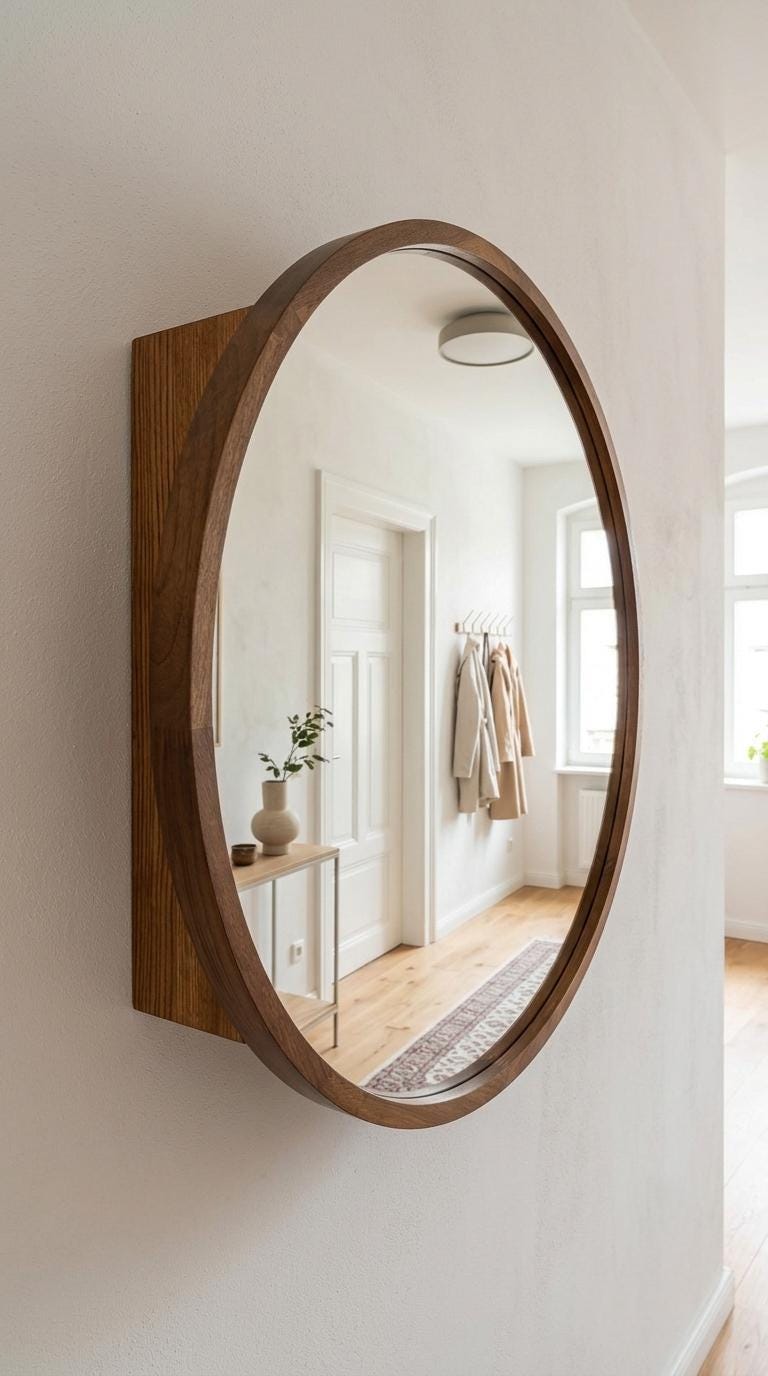 Round wood medicine cabinet with mirror door, wall mounted and closed