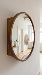 Round wood medicine cabinet with mirror door, wall mounted and closed