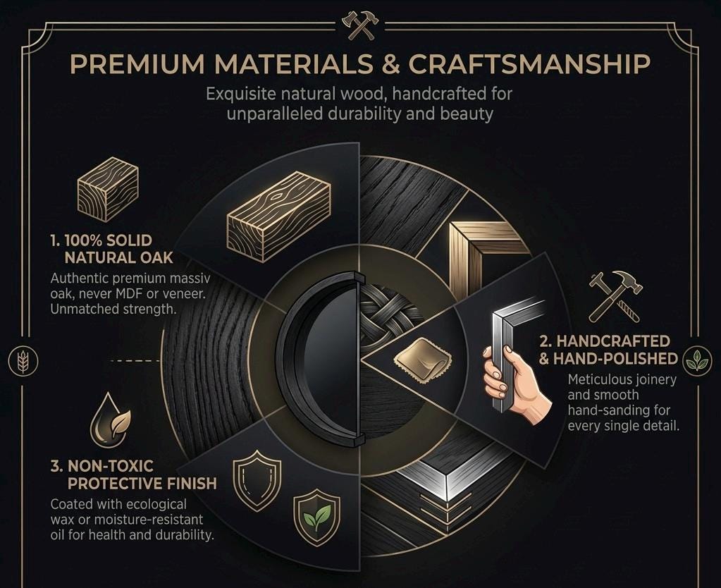 Materials guide: solid natural wood, hand-polished, non-toxic protective finish