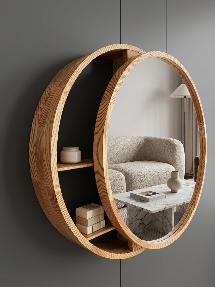 Round wood mirror with an integrated crescent shelf holding skincare jars