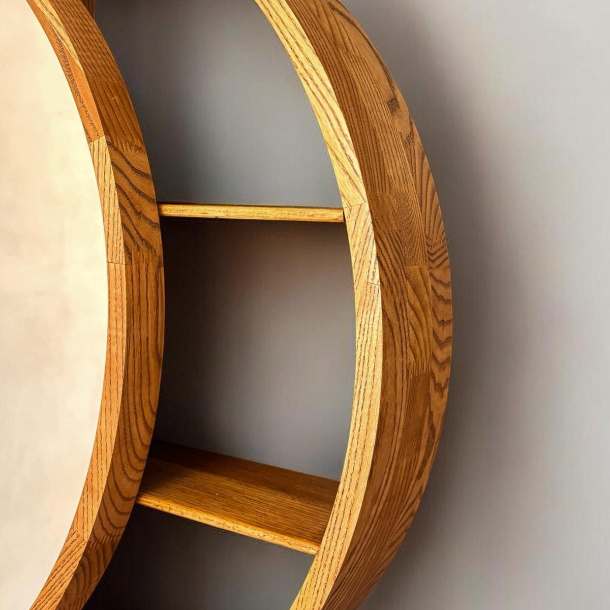 Close-up of the crescent shelves in solid wood