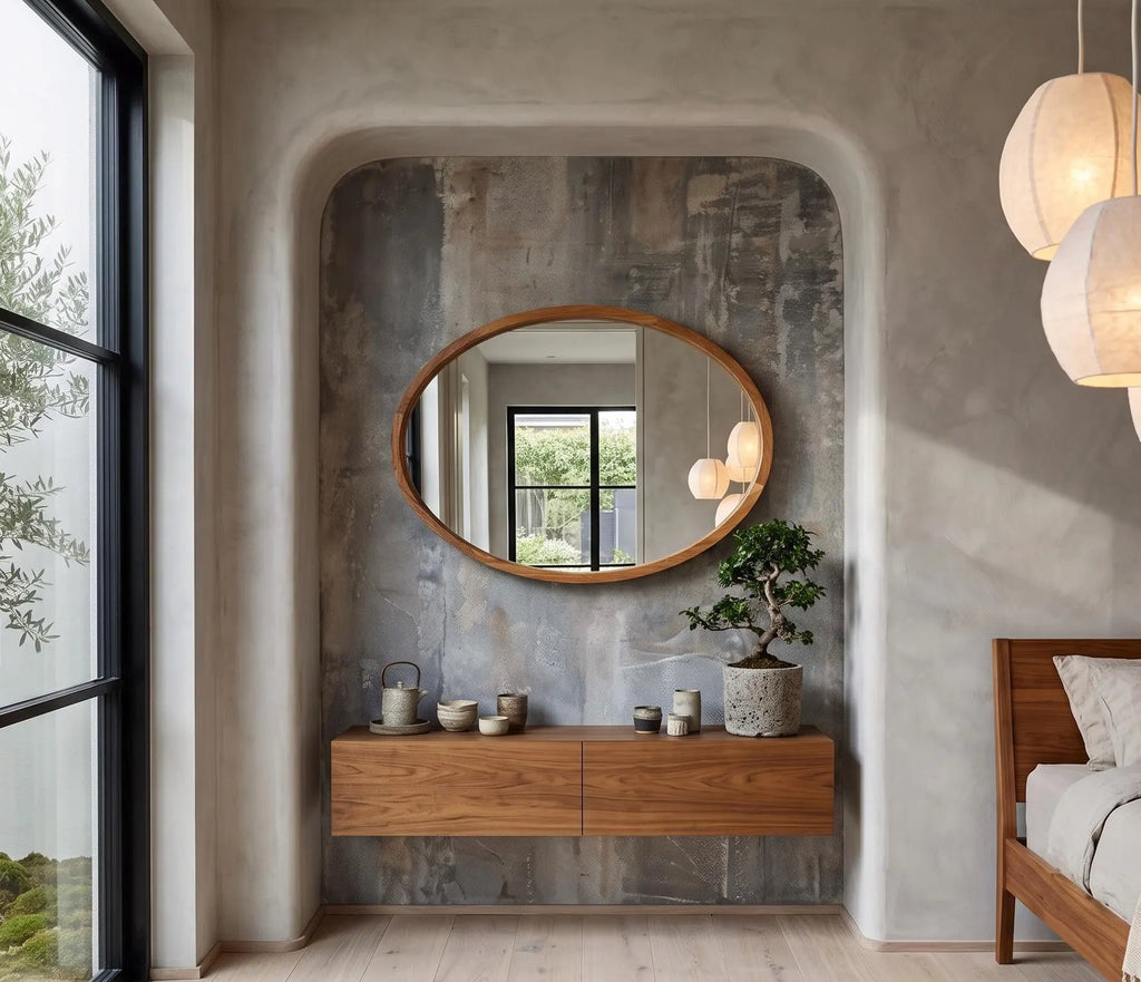 Mid-Century Modern Oval Wood Mirror | Handmade Bathroom Vanity & Entryway Wall Decor
