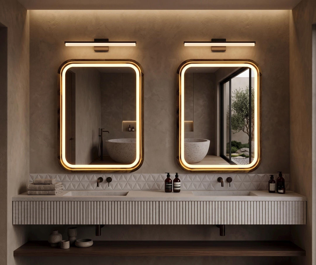 Two square LED wood mirrors above a double bathroom vanity