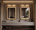 Two square LED wood mirrors above a double bathroom vanity