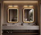 Two square LED wood mirrors above a double bathroom vanity