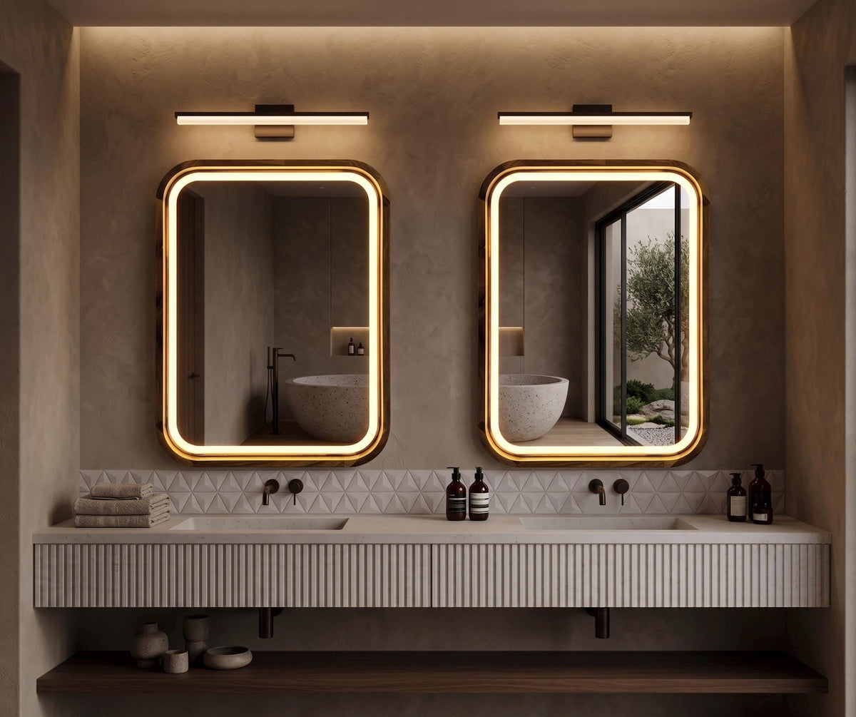 Two square LED wood mirrors above a double bathroom vanity