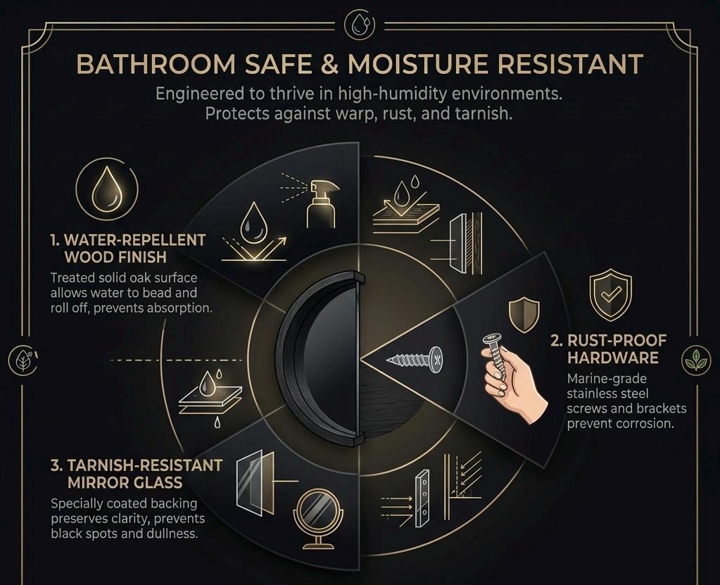 Bathroom-safe details: water-repellent finish, rust-proof hardware, tarnish-resistant glass