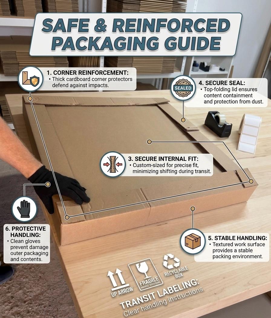 Packaging guide: reinforced corners, secure internal fit and sealed box for safe delivery