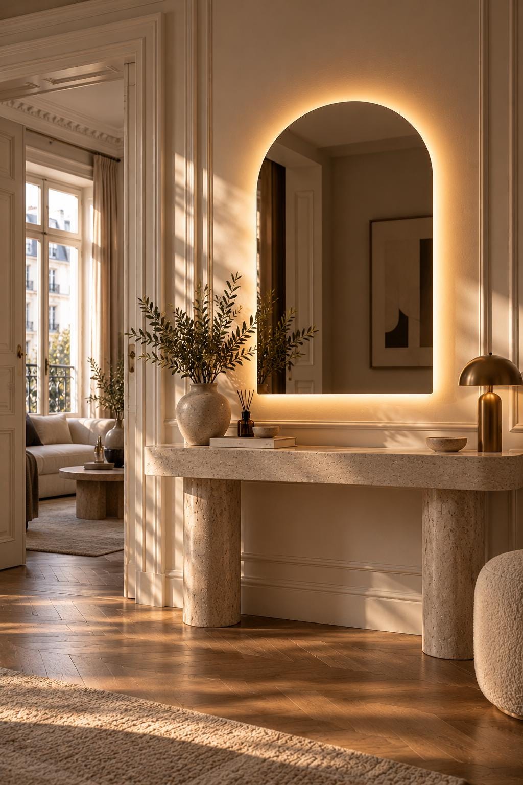 Frameless arched backlit LED mirror above an entryway console