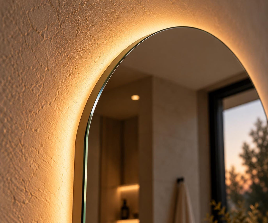 Close-up of the frameless arch mirror edge and backlight
