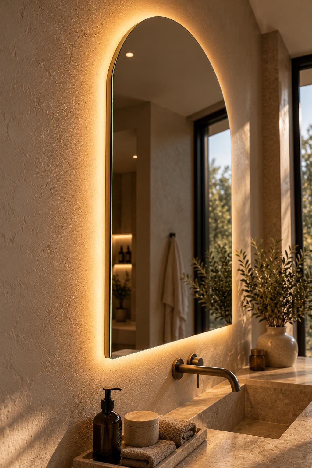 Arch LED mirror in a sunlit bathroom