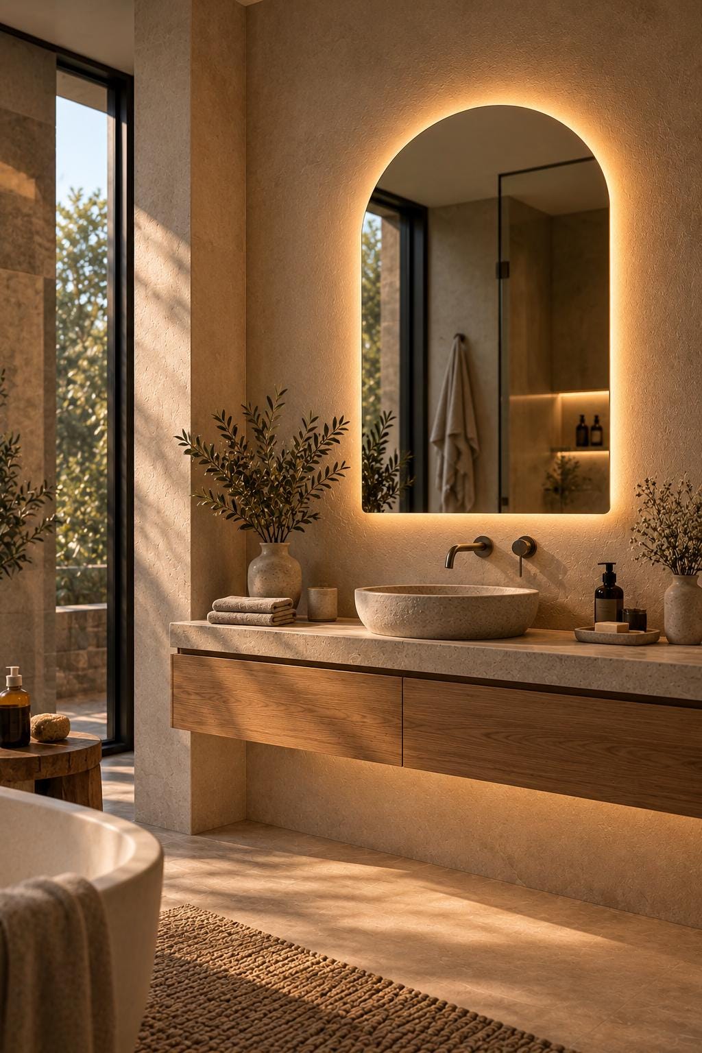 Arched backlit mirror above a vessel sink