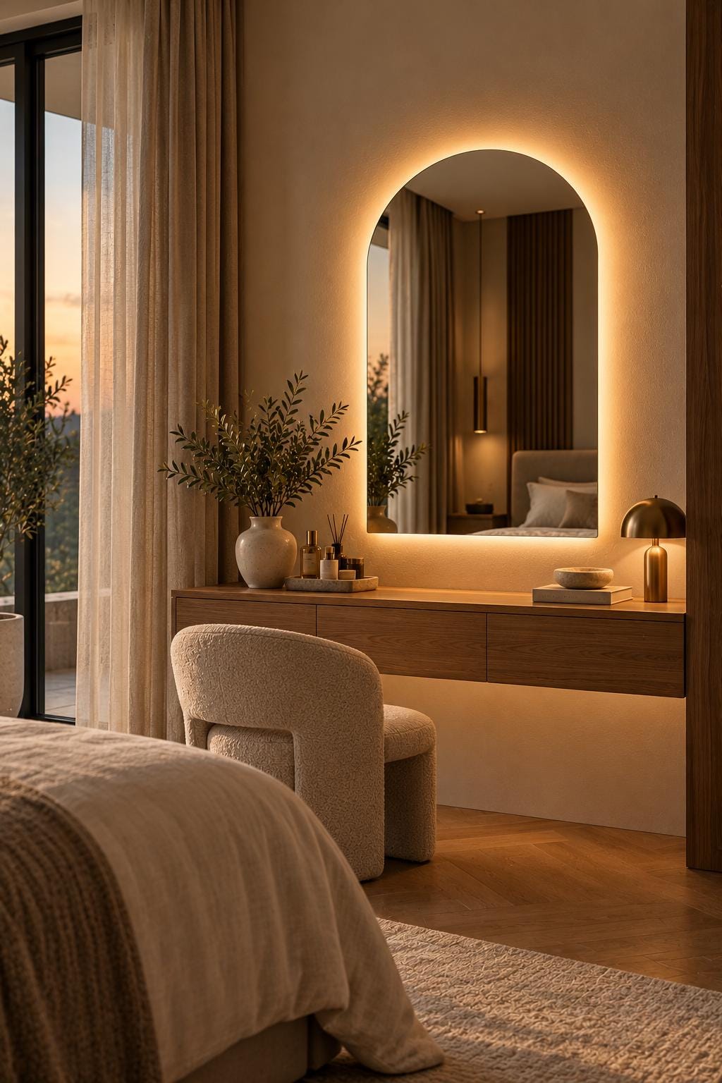 Arched backlit mirror in a bedroom over a vanity table