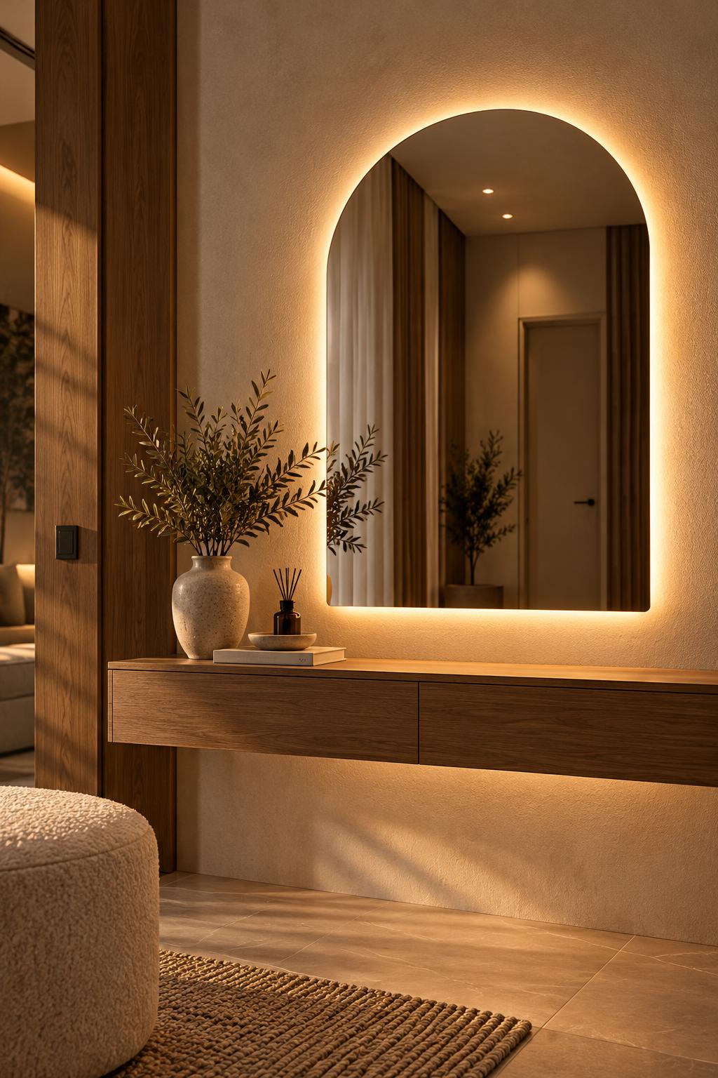 Arched LED mirror with warm halo glow on the wall