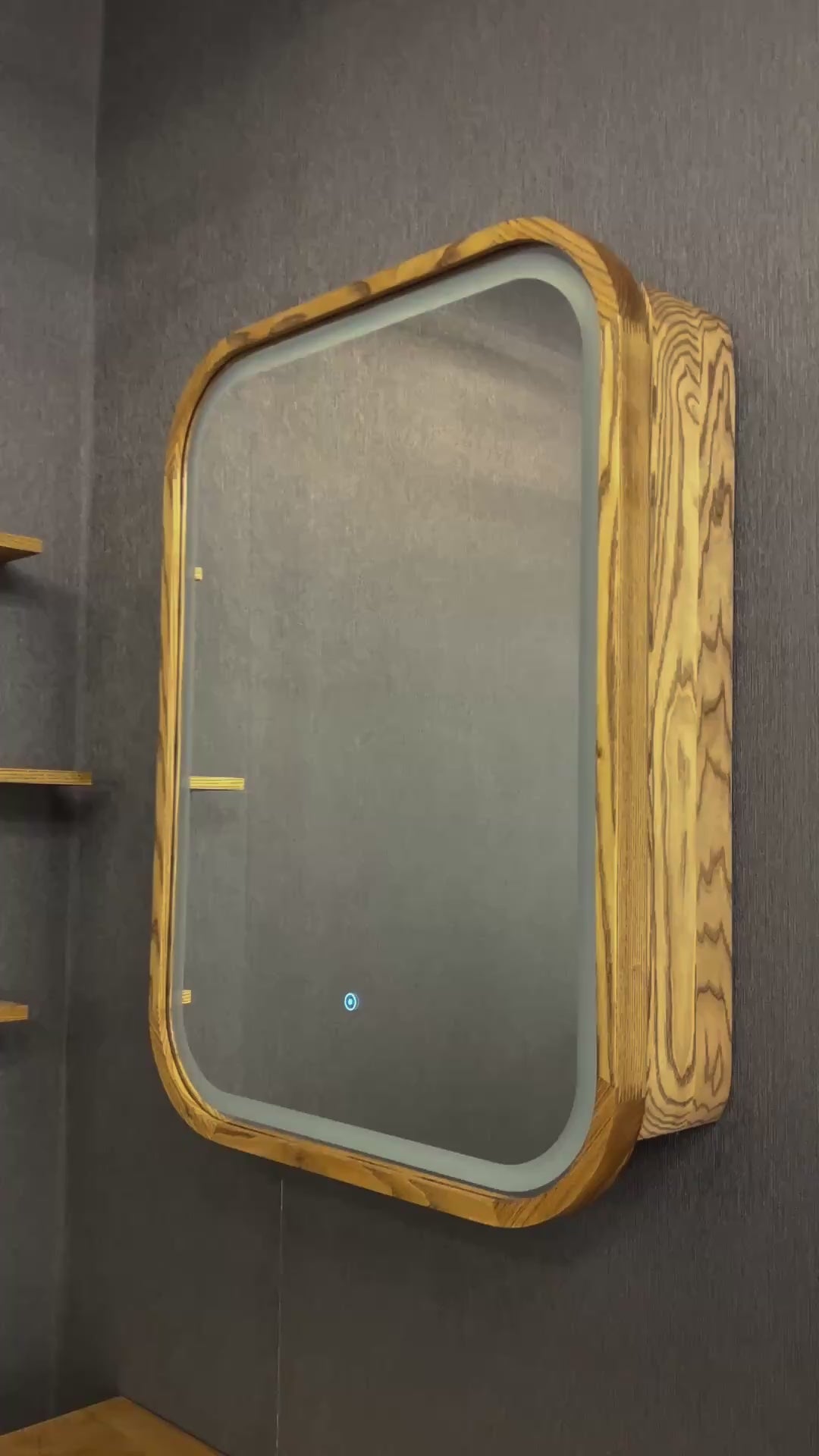 Sliding Mirror Cabinet with Shelves, Modern Wood Medicine Cabinet with LED Light, Wall Mounted Bathroom Storage Vanity Mirror, Japandi