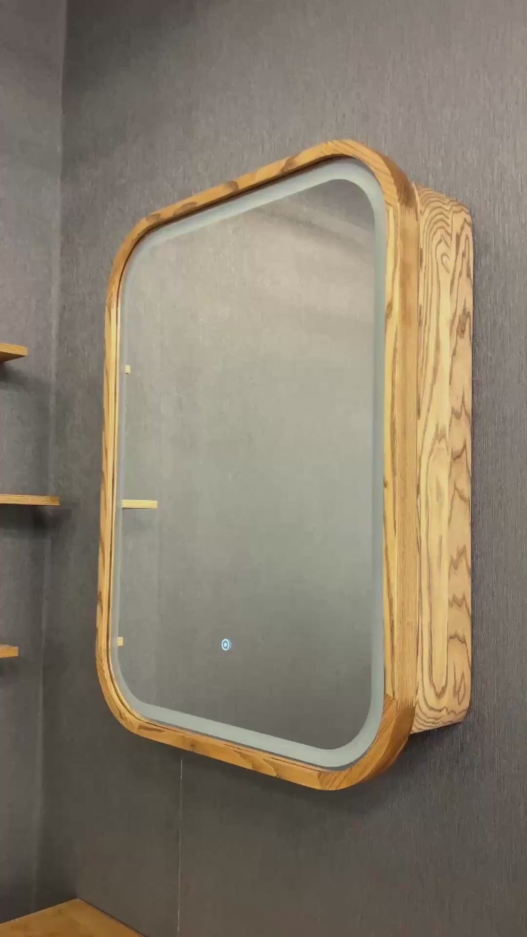 Sliding Mirror Cabinet with Shelves, Modern Wood Medicine Cabinet with LED Light, Wall Mounted Bathroom Storage Vanity Mirror, Japandi
